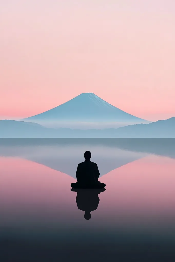A silhouette of a person in a meditative pose sits before a serene landscape. A majestic mountain peak, shrouded in mist, dominates the background.  The soft pink and blue hues of the sky reflect in the tranquil water, creating a sense of peace and harmony.  The image evokes a feeling of tranquility and inner peace.