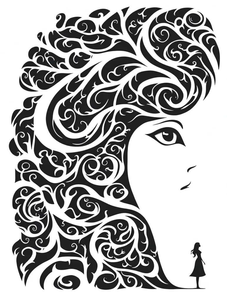 The image is a black and white illustration of a woman's face and hair, with a stylized, intricate floral pattern forming her hair and a woman in silhouette standing in front of it. The image suggests a sense of mystery and beauty, and the use of negative space creates a striking visual effect. The floral pattern is symbolic and evocative, while the woman's silhouette represents a sense of isolation or contemplation.