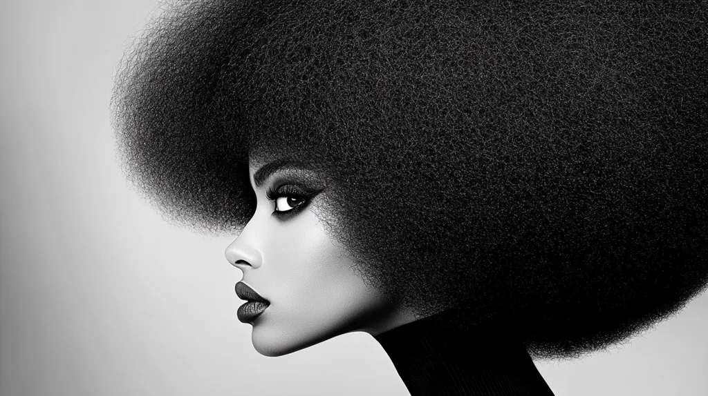 The image is a black and white portrait of a woman with a large afro. The woman's face is turned to the side, and her eyes are closed. She is wearing a turtleneck sweater and her lips are painted a dark shade of red. The image is taken from the side, and the background is blurred.  Her features are sharp and defined. The image is striking in its simplicity and elegance.