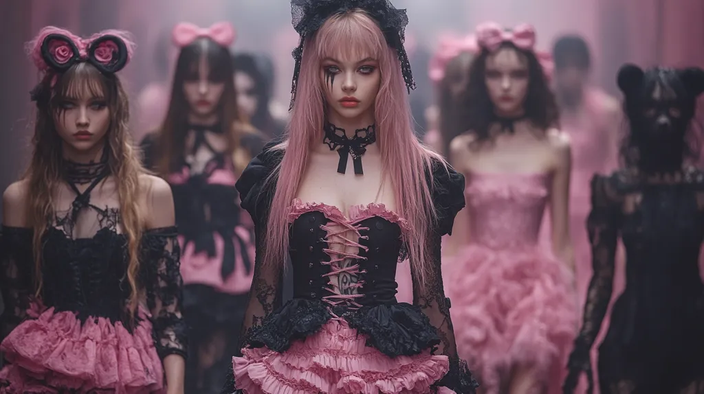 A group of women in gothic lolita fashion walk down a runway.  The central woman is wearing a black corset with pink ruffles and a pink wig. She is wearing a black choker and dark eye makeup. The other women are wearing similar styles. They all have pink bows in their hair.  They are walking in a soft, ethereal way.