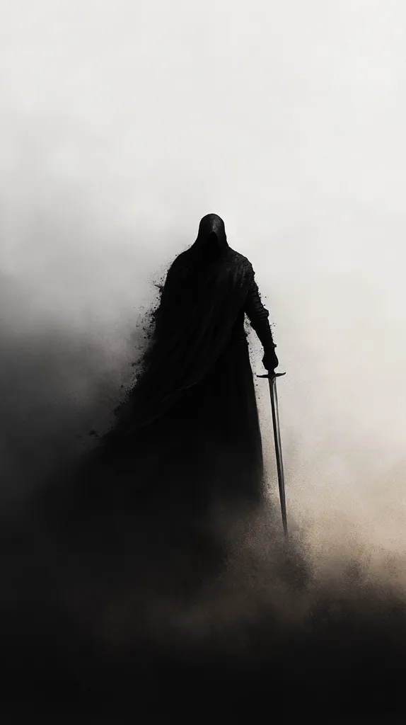 A cloaked figure, shrouded in darkness, stands against a white backdrop. The figure's face is obscured by the hood, and their body is indistinct, save for the outline of a long, flowing robe. A sword, held in their hand, points towards the ground. The scene is evocative of mystery and intrigue, with the figure's presence both commanding and enigmatic. The stark contrast between the dark figure and the white background emphasizes their isolation and the power they wield.