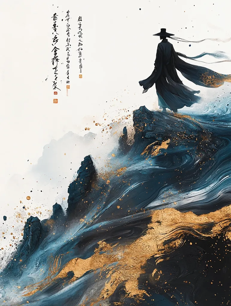 A solitary figure in a long black robe and hat stands atop a rocky cliff, looking out over a swirling sea of deep blue and gold. The background is a misty expanse of white and gray. The scene evokes a sense of mystery and isolation, with the figure seemingly lost in thought or contemplation. The image is rendered in a painterly style, with brushstrokes and splatters of color adding to the sense of depth and texture.  The Chinese characters on the left add an air of Eastern mysticism to the composition.