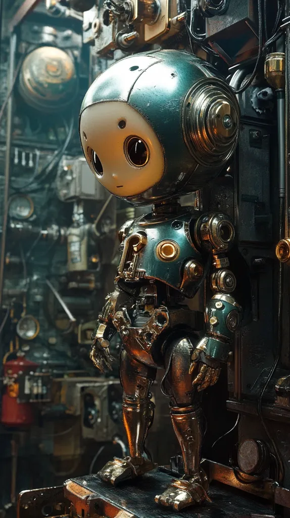 A steampunk robot, with a round head and large eyes, stands on a platform. It is made of metal, with a dark green body and gold accents. It is standing in front of a complex, industrial background with pipes, gears, and machinery. The robot has a human-like appearance, with arms and legs, but its face is robotic and expressionless. The image has a futuristic and slightly unsettling feel.