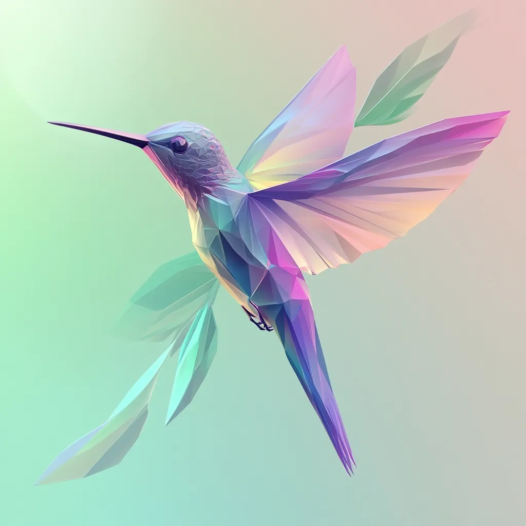 A vibrant, geometric hummingbird with iridescent wings hovers against a soft, pastel background. Its long, slender beak and body are composed of interconnected triangles, showcasing a spectrum of purple, pink, and teal hues. Delicate, geometric leaves add a touch of nature to the abstract composition. The image exudes a sense of lightness and tranquility, capturing the beauty of a hummingbird in a unique artistic style.