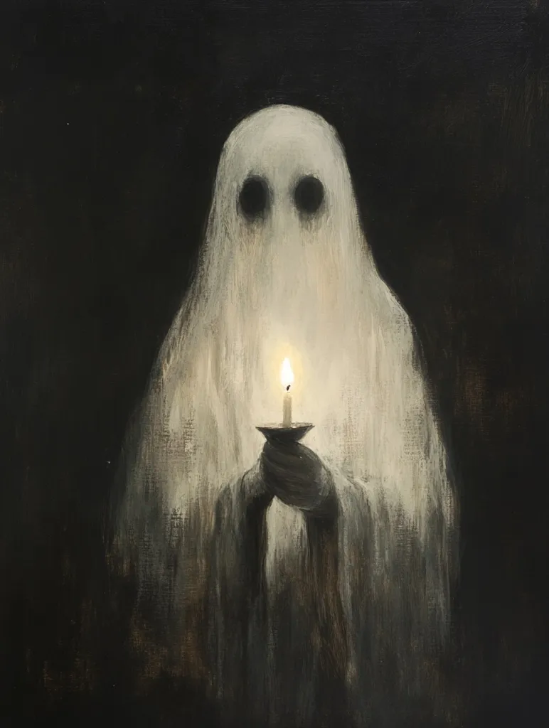 A ghostly figure, shrouded in white, stands in a dark room. The ghost's face is obscured by the fabric, but two dark eyes peer out. The ghost holds a lit candle, its flame casting a warm glow on the figure's hands and the surrounding darkness.  The painting evokes a sense of mystery and the supernatural.