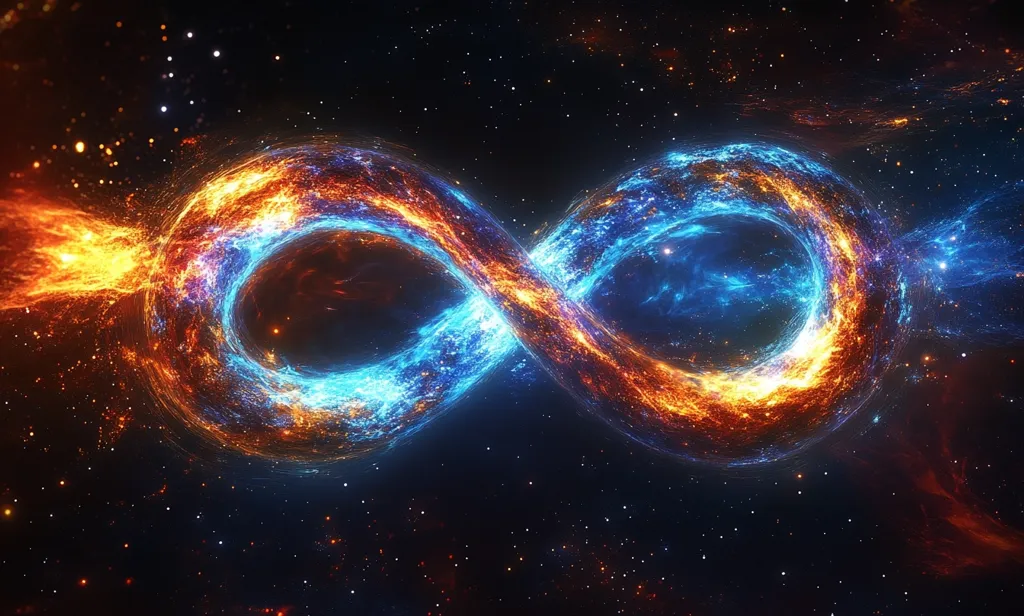 The image depicts a fiery, swirling infinity symbol against a dark, starry background. The symbol is a vibrant mixture of blue and orange flames, suggesting a powerful energy or force. The cosmic backdrop hints at the infinite nature of the universe and the endless possibilities within it.