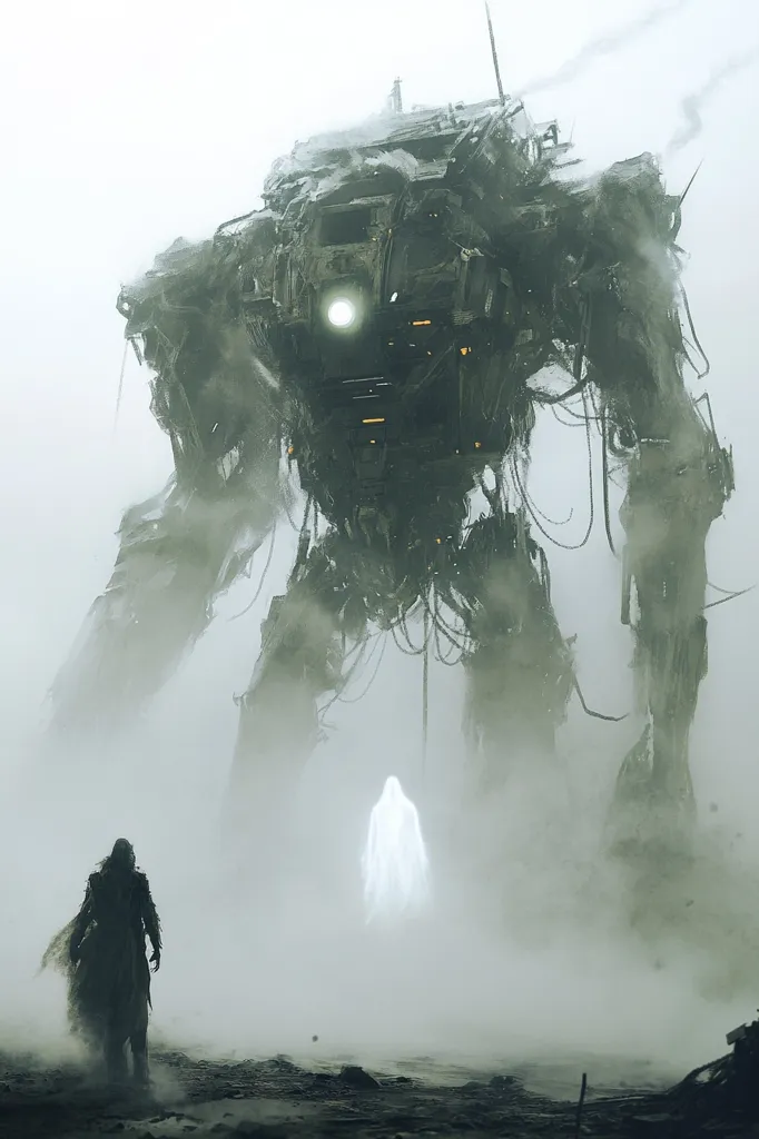 A large, mechanical, skeletal figure stands in a foggy wasteland. It's made of metal and wires, with glowing lights and smoke billowing from its body. A cloaked figure stands before it, while a faint, white, ghostly figure hovers in the foreground. The atmosphere is eerie and desolate.