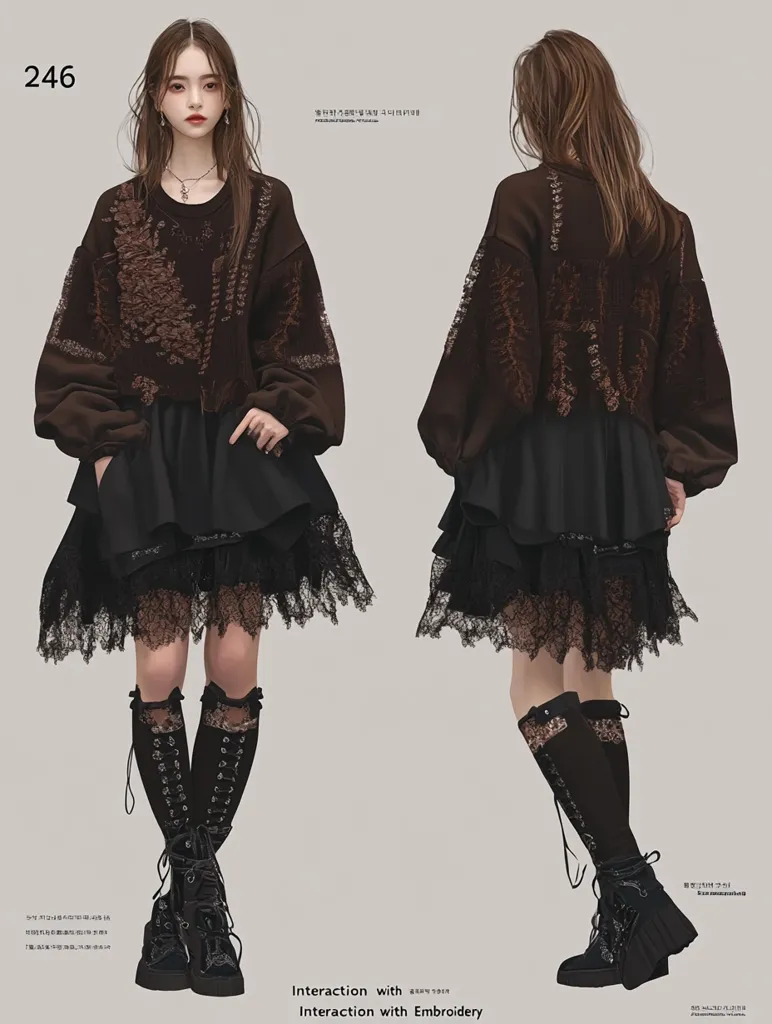 A young woman is wearing a brown, long-sleeved sweater with elaborate embroidery. She is also wearing a layered, black skirt with a black lace trim and tall black boots with lace detailing. Her hair is long and brown, and she is looking directly at the camera. The background is a plain, light gray. The image is titled \