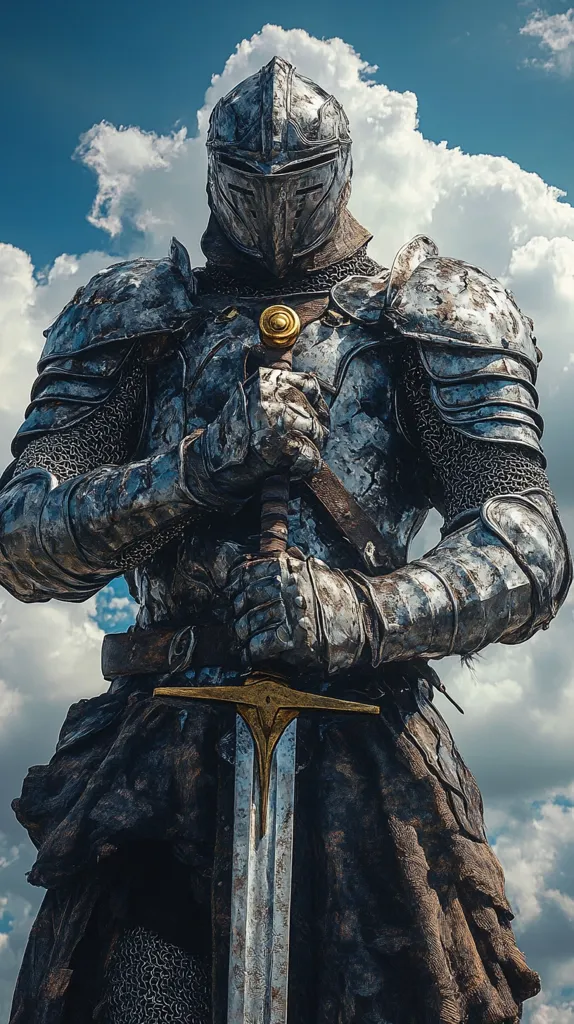 A knight in full plate armor stands against a cloudy sky. His helmet is closed, obscuring his face, and he holds a long sword in his gloved hands. The armor is weathered and worn, suggesting battles fought and victories won. The knight's stance is confident and powerful, conveying a sense of strength and determination.
