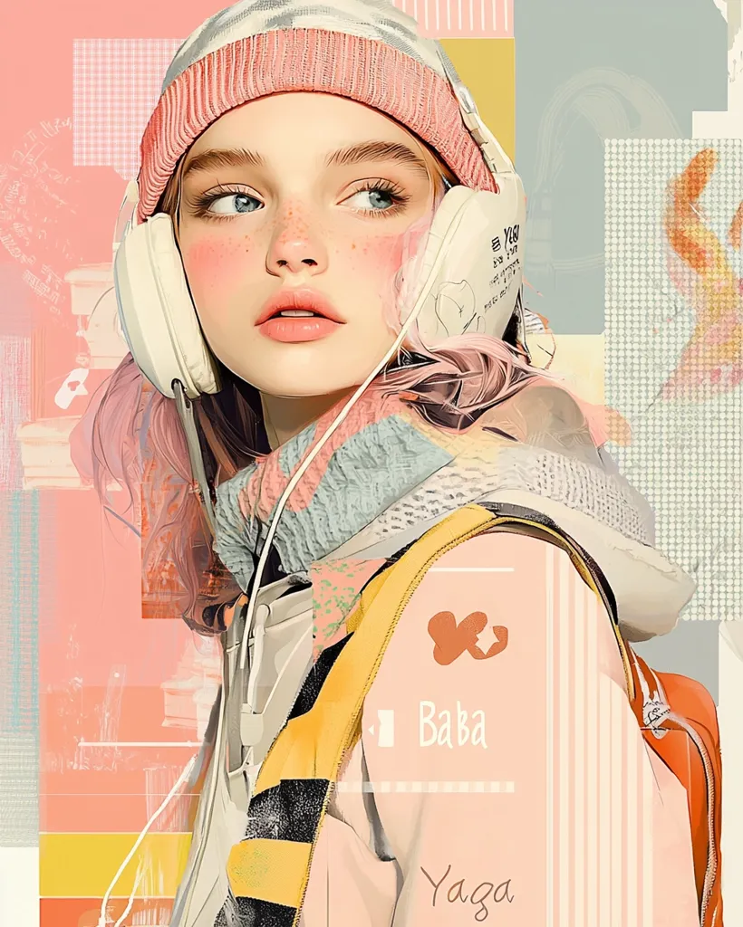 A young woman with pink hair is wearing a pink beanie, a white and pink scarf, and a pink jacket. She is listening to music on large white headphones and has a large orange backpack. The background is a collage of pink and yellow abstract shapes. The words "Baba Yaga" are written in the bottom corner.  The image has a dreamy and whimsical aesthetic.