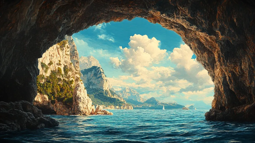 The image shows a view from inside a cave, looking out to sea. The cave's mouth frames a stunning vista of a blue ocean, a rocky coastline, and a bright blue sky dotted with white clouds. A lone sailboat sails on the horizon, adding a sense of tranquility to the scene.  The rugged cave walls and the calm ocean create a contrast between the wild and the serene, inviting the viewer to imagine the peacefulness of the moment.