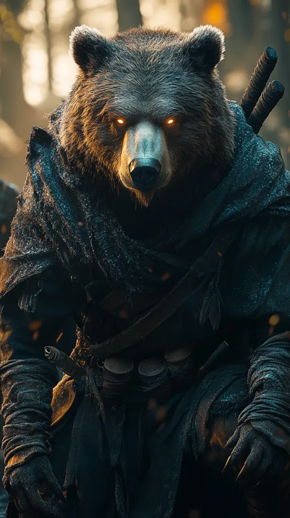The image is a close-up of a bear with glowing eyes wearing dark clothing and a leather belt. The bear has a menacing look on its face and is standing in a forest setting. The image is likely from a fantasy or horror game.