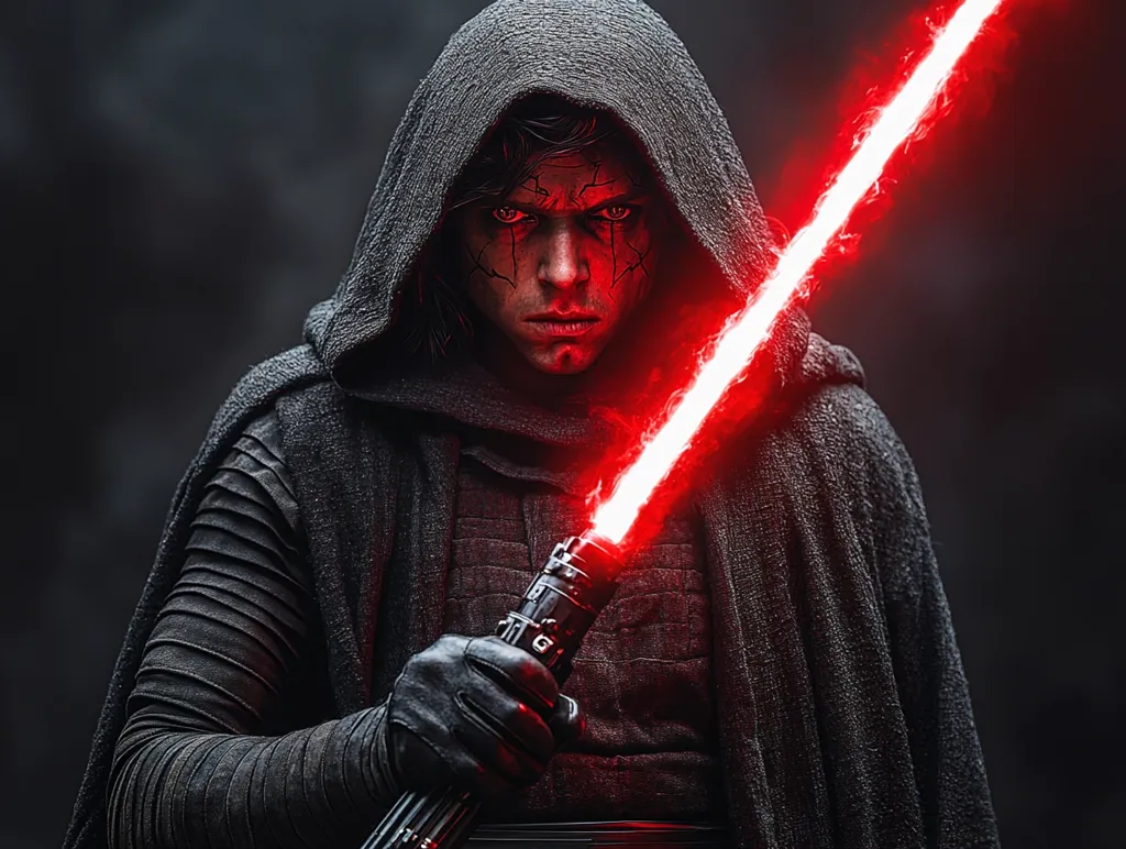 Kylo Ren, a character from the Star Wars franchise, stands against a dark background. He wears a black hooded cloak and holds a red lightsaber in his gloved hand. His face is obscured by the hood, but his piercing gaze and red markings are visible. The lightsaber's blade emits a bright, fiery red glow, suggesting power and danger.  The image evokes a sense of mystery and anticipation, hinting at the dark side of the Force.