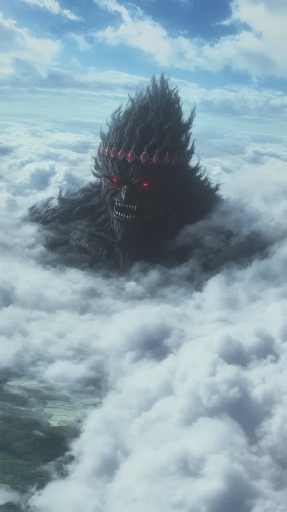 A large, dark, shadowy figure with glowing red eyes and a crown of spikes emerges from a mass of white clouds. Its mouth is open in a menacing snarl. The creature seems to be lurking just above the clouds, looking down at the world below. The sky is clear and blue, creating a stark contrast with the dark creature. The overall impression is one of power and menace.