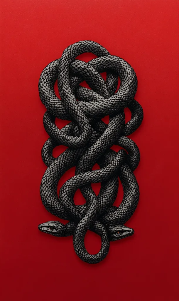 A black snake is intricately knotted and intertwined against a vibrant red background. The snake's scales are detailed, and its form creates a complex pattern of overlapping loops and curves. The contrasting colors of the snake and the background create a striking visual impact.