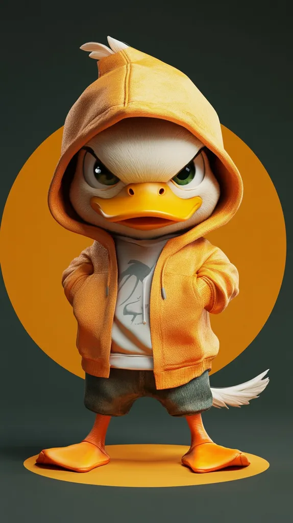 A cartoon duck wearing an orange hoodie with a white T-shirt and blue jeans stands on a yellow circle against a green background. The duck has a determined look on its face and its feathers are ruffled. The duck appears to be a tough character with a playful and mischievous personality.
