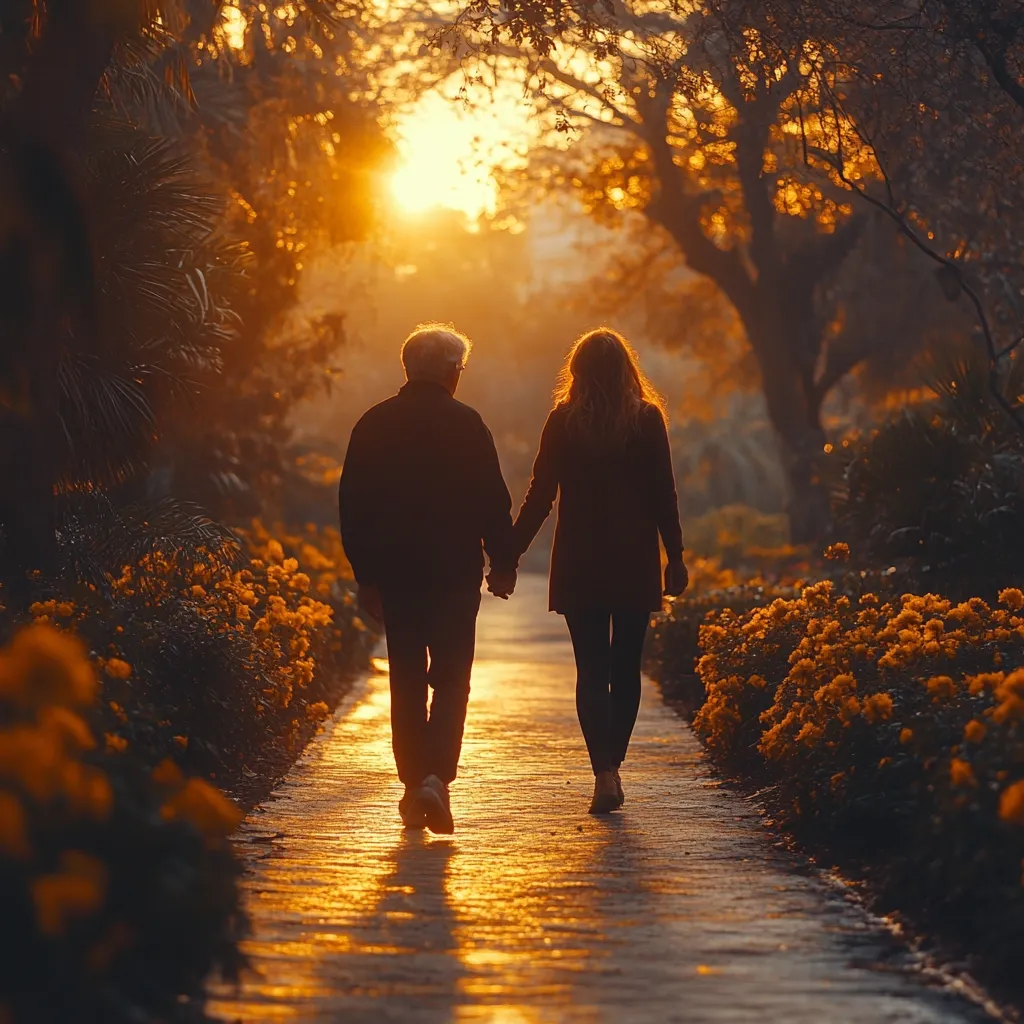 A couple walks hand-in-hand down a pathway lined with vibrant yellow flowers. The setting sun casts a warm glow on the scene, creating a silhouette of the man and woman. The trees on either side of the path provide a leafy canopy overhead, adding to the romantic ambiance. The couple's walk symbolizes a shared journey and a love that endures.