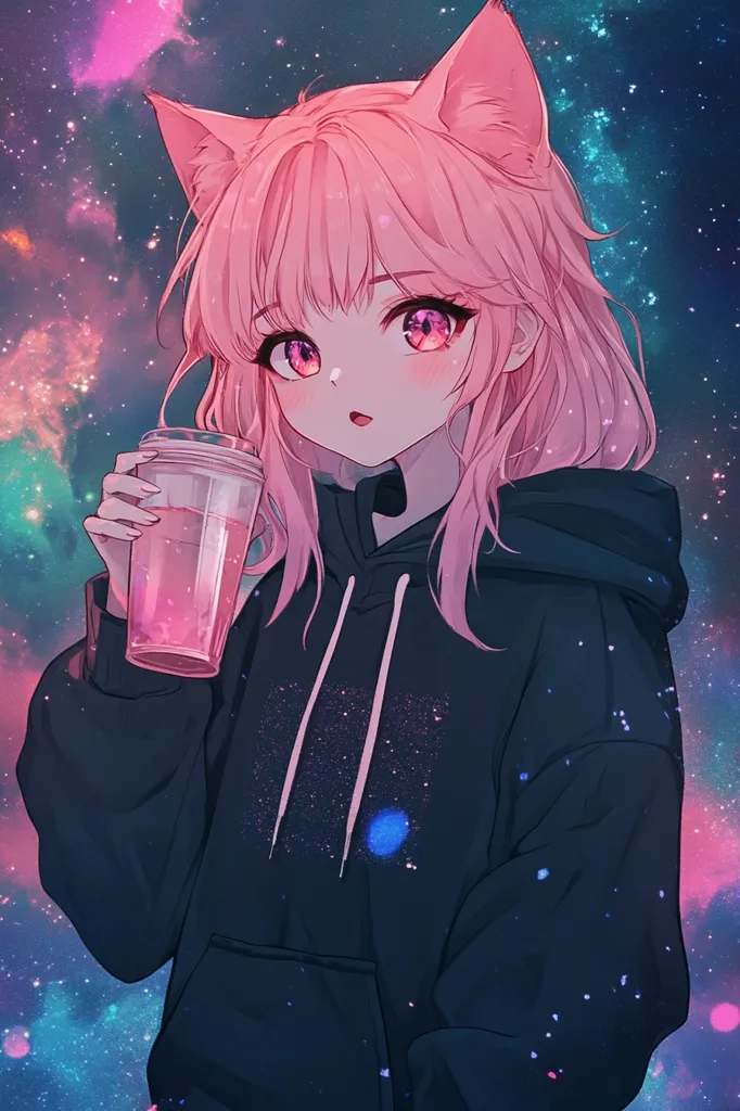 The image is a digital drawing of an anime girl with long pink hair and cat ears. She is wearing a black hoodie with a galaxy print. She is holding a pink drink in her right hand and is looking off to the side. The background is a colorful galaxy with a vibrant nebula in the top left corner.