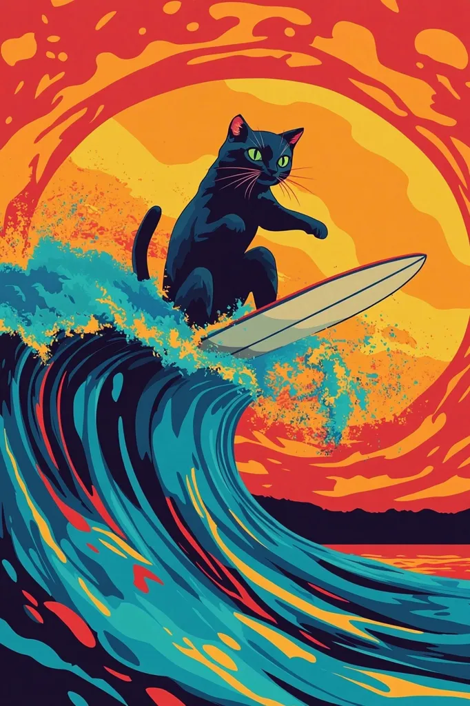 A black cat surfs on a white surfboard in a large wave. The wave has shades of blue, green and yellow. The background has a sunset with red, orange and yellow. The cat is looking toward the viewer.