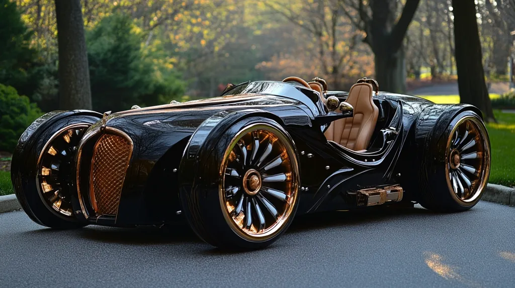 A sleek, black custom-built roadster with gold accents and a unique, futuristic design. The car has a single seat and large, turbine-style wheels. It is parked on a paved road in a park setting. The car's sleek lines and bold design are reminiscent of classic sports cars with a modern twist.