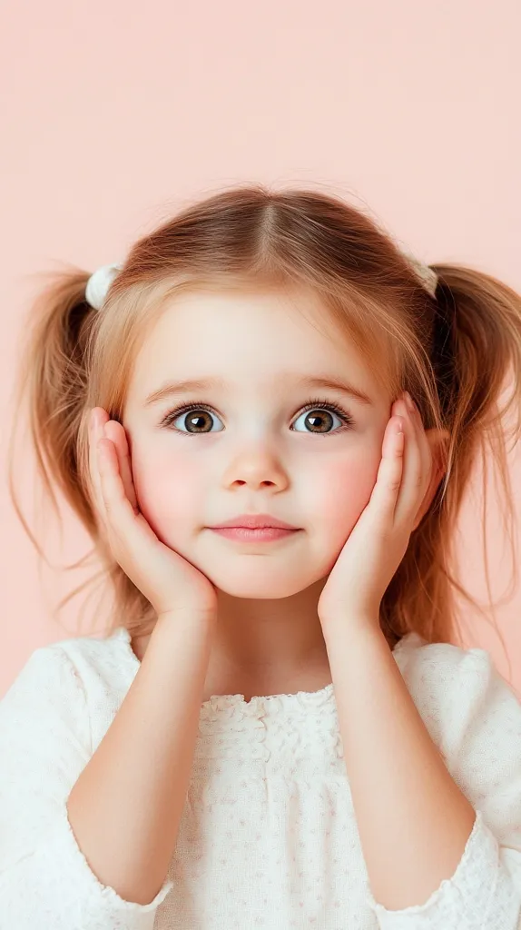 A young girl with blonde hair tied back in pigtails, is wearing a white shirt with small white dots. She has her hands on her cheeks, looking directly at the camera. She has bright, clear skin and big, brown eyes. The background is a light pink.  She appears to be happy and innocent.