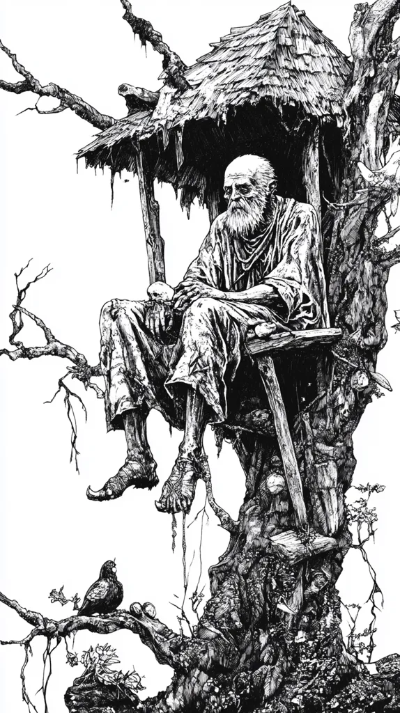 A pen and ink drawing depicts an old man sitting in a crudely built shelter in a tree. He is hunched over, with a long beard and is wearing a long robe. The tree is gnarled and ancient, with thick branches and a dense canopy.  There is a small bird perched on a branch below the man. The drawing is done in a dark and brooding style, with a sense of isolation and loneliness.  The man is depicted as a solitary figure, living in a wild and untamed environment.