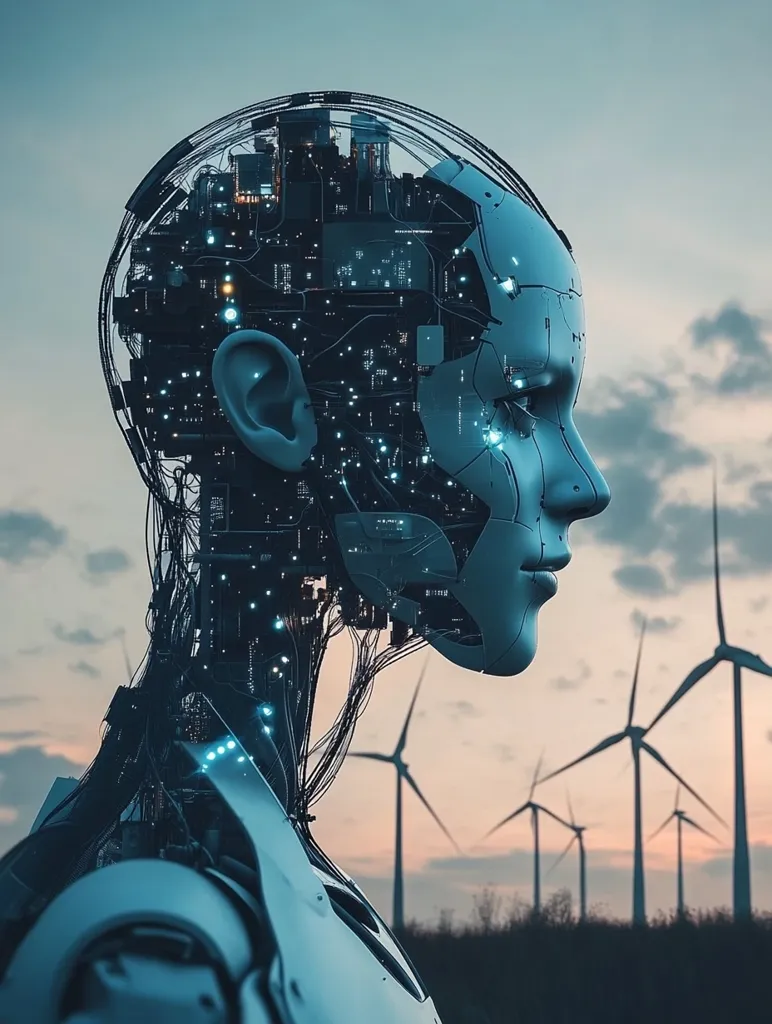 A futuristic robot stands in profile against a backdrop of wind turbines, their blades silhouetted against a twilight sky. The robot's head is transparent, revealing a complex network of wires and circuitry.  It appears to be a cyborg, a blend of human and machine, representing the advancement of artificial intelligence and its potential impact on society.  The image evokes a sense of both wonder and unease, suggesting the future is filled with both possibilities and uncertainty.