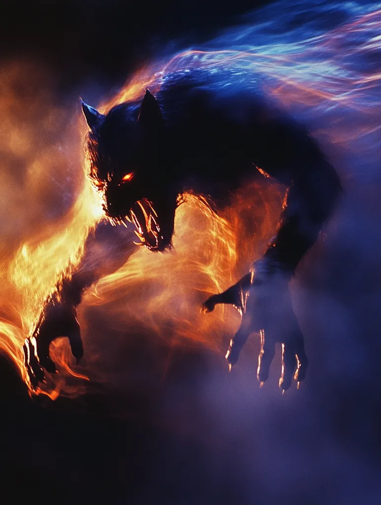A werewolf is shown in mid-air, with its claws extended and its mouth open in a menacing snarl. It is surrounded by an orange and blue mist, as if it is being consumed by flames. The creature's eyes glow red, and its sharp teeth are visible. The overall effect is one of danger and power.