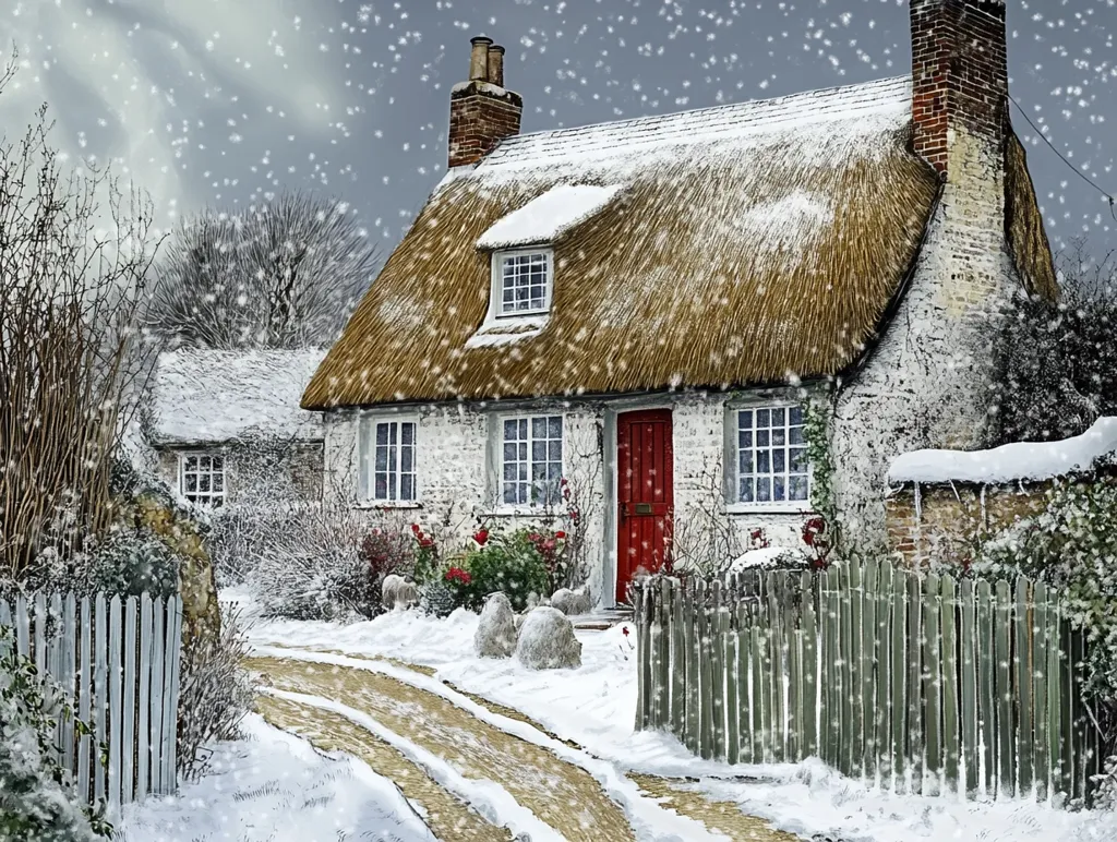 A quaint white cottage with a thatched roof and red door stands nestled in a snowy landscape. The snow falls gently, blanketing the ground and surrounding trees. A wooden fence leads towards the cottage, creating a charming winter scene. The image evokes a sense of cozy warmth and peace.