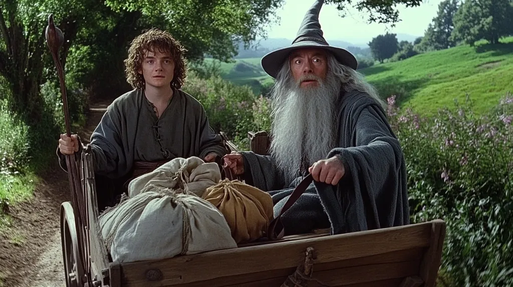 Gandalf the Grey, with his long white beard and pointed hat, sits in a wooden wagon alongside a young hobbit named Frodo Baggins. They are traveling along a dirt path through a green and lush countryside.  Frodo holds a staff as Gandalf guides the wagon with a rope. The scene evokes a sense of adventure and anticipation, suggesting a journey of great importance.