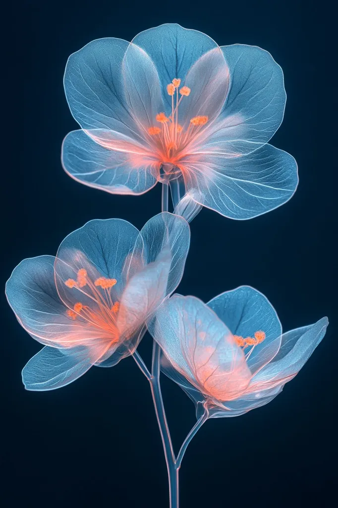 Three delicate flowers with translucent petals, resembling stained glass, are arranged on a thin stem against a dark blue background. The flowers have a soft, peachy hue, with intricate veins and delicate centers.  The image evokes a sense of ethereal beauty and fragility.