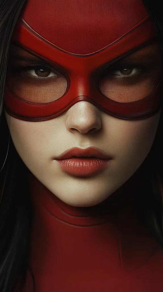 A woman with long black hair wears a red mask that covers her eyes. She stares intensely at the camera, with a serious expression and red lips.  Her skin is smooth and flawless. The image is close-up, focusing on her face and the mask. She is wearing a red turtleneck.  The lighting is soft and the background is dark.