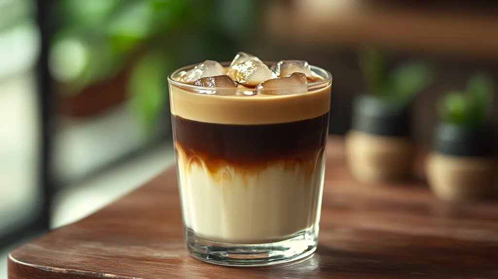 A glass of iced coffee sits on a wooden table. It has a layer of milk on the bottom, followed by a layer of espresso, then a layer of creamy milk foam.  There are ice cubes floating in the foam and the glass is slightly condensation. There are some blurry potted plants in the background.