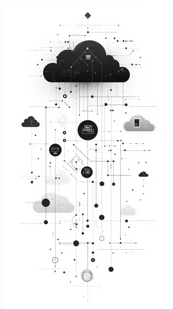 The image depicts a cloud computing network, with a large black cloud at the top, connected to multiple smaller grey clouds and circles.  Lines and dots extend downwards from the cloud, creating a visual representation of data flow and connection. The use of black and white color schemes emphasizes the digital nature of the network. The image suggests a complex interconnected system where data is exchanged and processed.