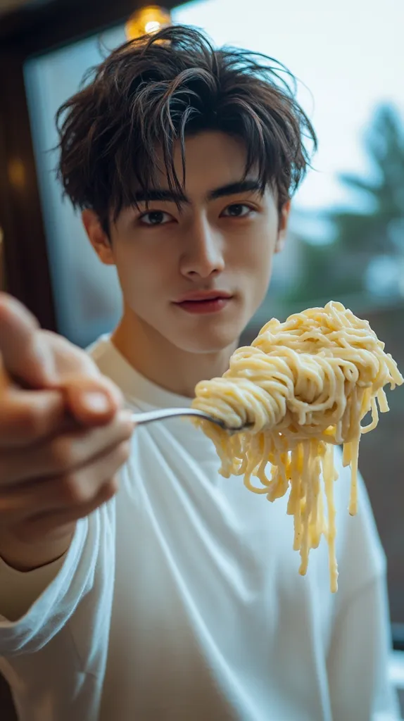 A young man with dark hair is wearing a white shirt and holding a forkful of pasta. He is looking at the camera with a serious expression. The pasta is dripping off the fork, and the man's hand is slightly blurred. The background is out of focus. The man is sitting indoors, and there is a window to the right of the frame. The image has a soft and warm tone.