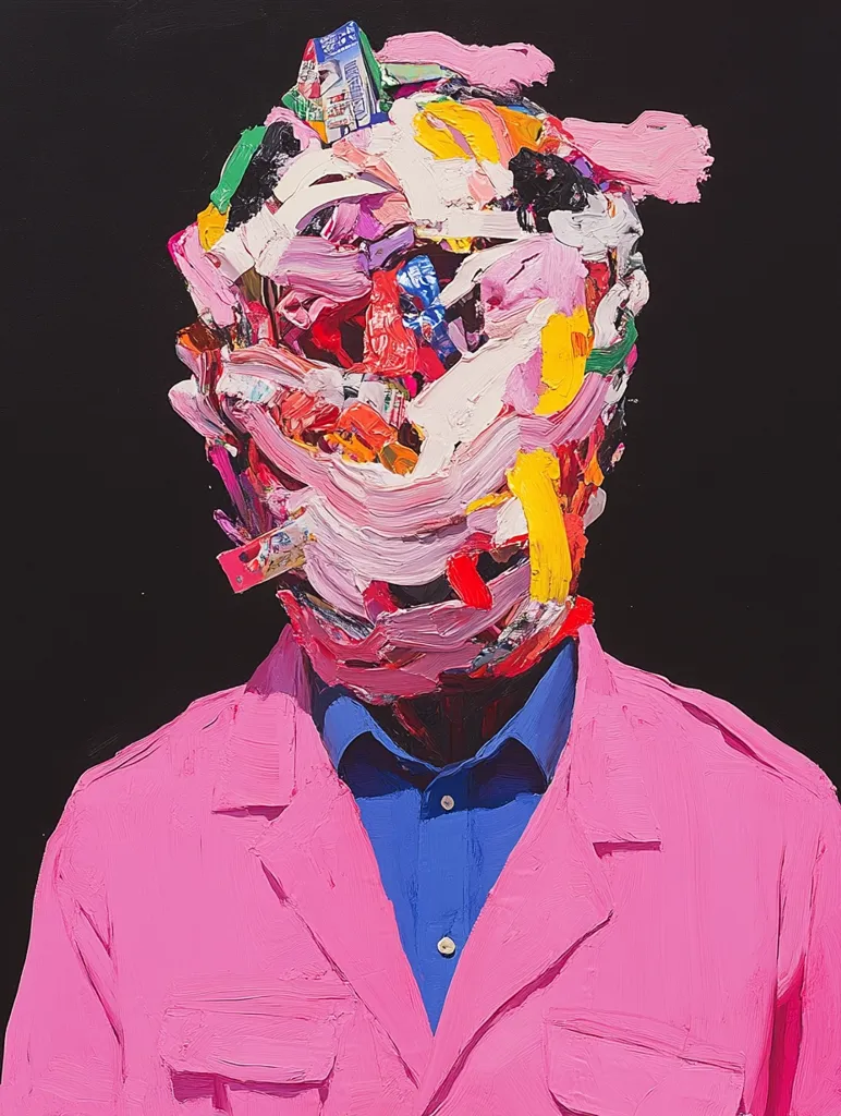 The painting depicts a person wearing a bright pink jacket with a blue shirt underneath. Their head is obscured by a chaotic mass of thick, vibrant strokes of paint in various colors, including pink, yellow, red, and green. This abstract headpiece creates a sense of disorientation and mystery, hinting at a hidden identity or internal turmoil. The contrasting colors and textures of the figure and their headpiece add to the complexity and intrigue of the artwork.