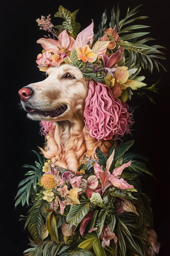 A golden retriever with pink hair is adorned with a crown of lush tropical flowers and greenery, creating a whimsical and elegant portrait. The dog's head is tilted slightly, its eyes looking up and to the side, suggesting a sense of curiosity and wonder. The vibrant colors of the flowers and foliage contrast beautifully with the dog's golden fur, adding depth and texture to the composition. The overall effect is one of beauty and tranquility, capturing the essence of the dog's gentle spirit.