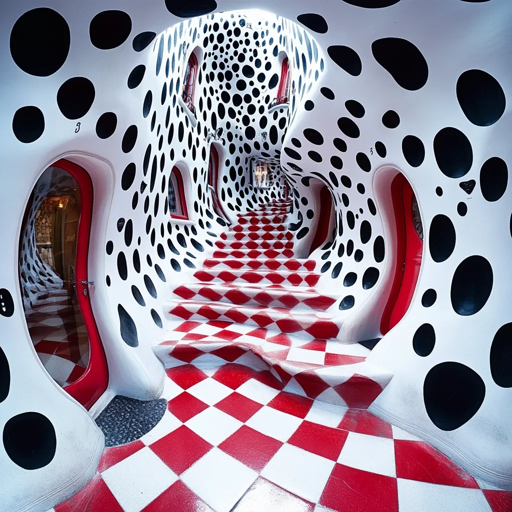 The image shows a hallway with a black and white polka dot pattern on the walls. The hallway is decorated with a red and white checkered floor.  The hallway is curved and has a series of steps that lead up to a higher level.  The steps are also decorated with red and white checkerboards.  The hallway has a surreal and dreamlike quality.  The lighting in the hallway is bright and the colours are vivid.  It is a captivating image that is likely to spark imagination.