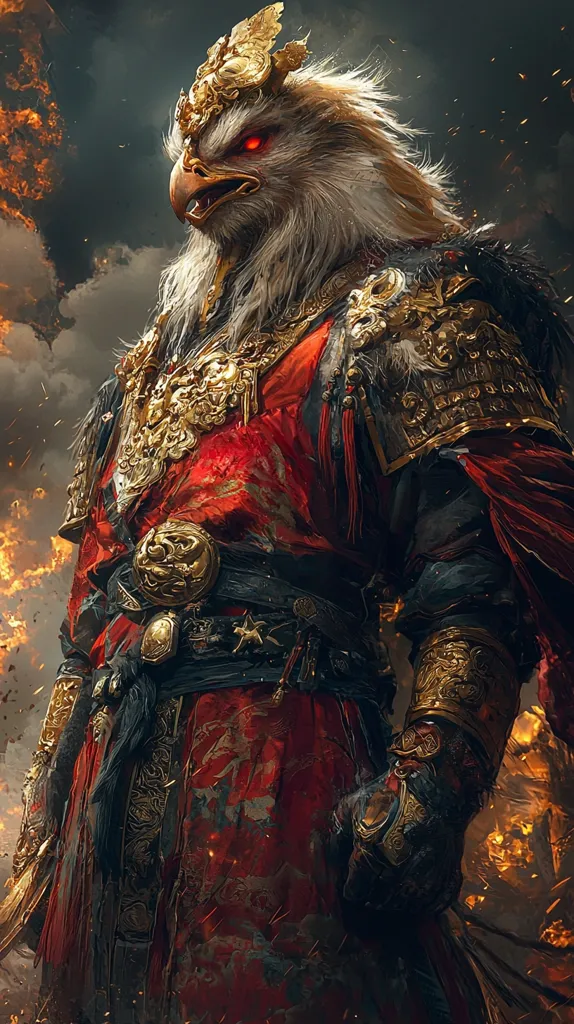 A fierce eagle-like creature, adorned in golden armor and a crimson robe, stands amidst a fiery background. Its piercing red eyes and sharp beak hint at its power and predatory nature. The intricate details of its armor and the flowing fabric of its robe suggest a warrior of high stature. The image evokes a sense of mythical grandeur and a clash of ancient forces.