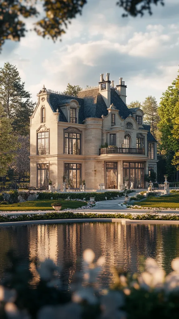 A grand, stone mansion with a slate roof stands on a manicured lawn. The home features a large, elegant front door and multiple windows, framed by intricate detailing. A balcony on the second floor overlooks the front lawn and a reflecting pool. Lush greenery surrounds the property, and the sky is a soft, hazy blue. The image evokes a sense of peace and luxury.