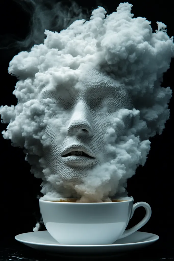 A white, textured face emerges from a swirling cloud of steam, seemingly rising from a white coffee cup. The face is partially obscured by the cloud, creating a mysterious and ethereal atmosphere. The image evokes a sense of thoughtfulness and contemplation, as if the face is lost in a dream or memory. The composition is simple yet striking, with the stark contrast between the white face and the dark background adding to the dramatic effect.
