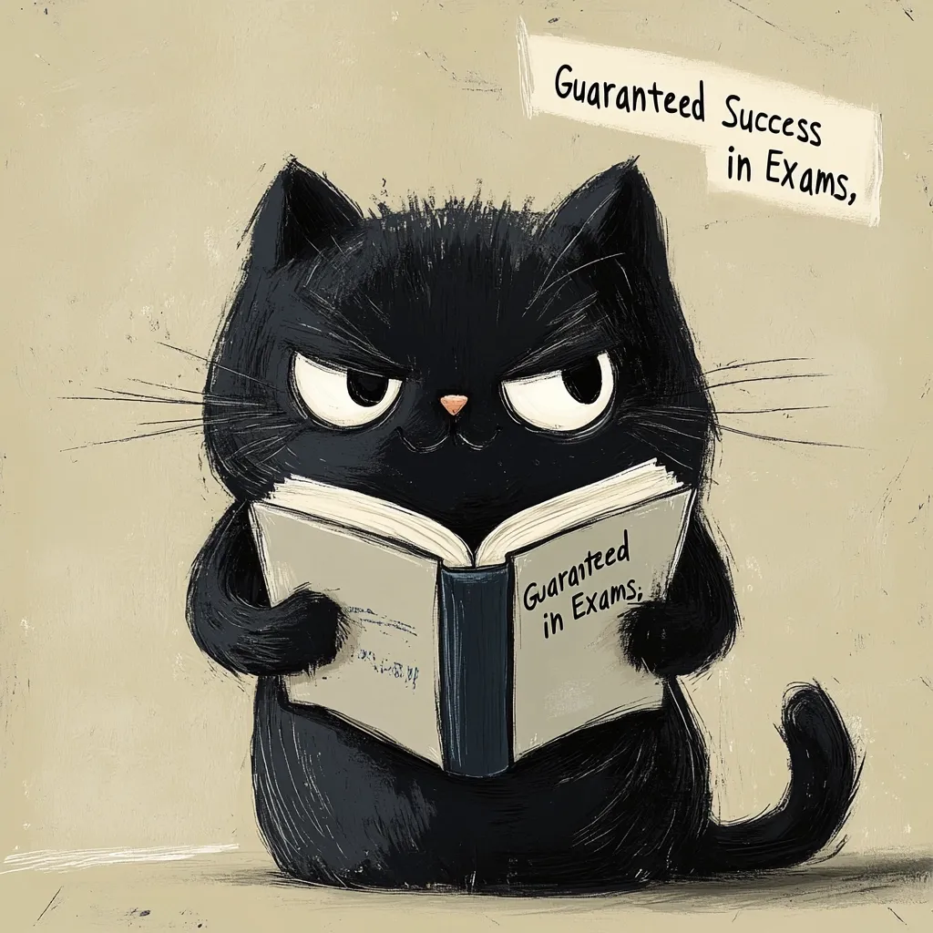 A black cat with a serious expression sits and holds a book open. The book's cover reads "Guaranteed in Exams." Above the cat's head is a white sign that reads "Guaranteed Success in Exams." The image is drawn in a cartoon style with textured brushstrokes.  The overall tone is humorous.