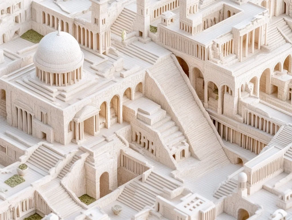 The image shows a model of a complex and intricate ancient city made of white material. It features multiple levels, arches, pillars, and stairs, creating a labyrinthine structure that is both captivating and perplexing. The model is meticulously crafted, capturing the details of the ancient city's architecture. The white color emphasizes the intricate details and highlights the complexity of the structure. The image evokes a sense of wonder and curiosity, inviting viewers to explore the city's hidden depths.
