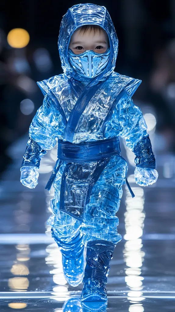 A young child is dressed as Sub-Zero from the Mortal Kombat video game series. They are wearing a blue and black costume made to look like ice, with a mask that covers their face. The child is standing on a reflective surface, with their feet slightly lifted off the ground as if they are about to walk. The costume is incredibly detailed and realistic, creating the illusion that the child is actually made of ice. The image captures the child's playful spirit and their love for the character, showcasing their creativity and imagination.