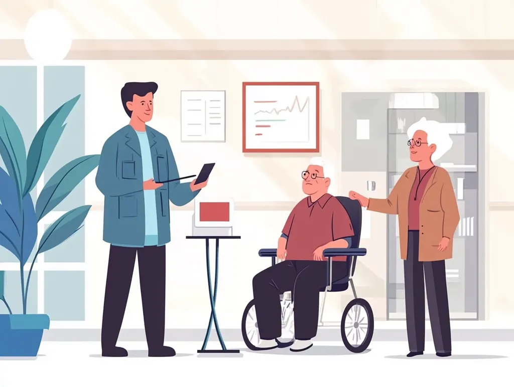 A young man in a blue coat stands holding a tablet, talking to an older couple. The man in the couple sits in a wheelchair, and the woman stands beside him. They appear to be in a medical office setting. There is a potted plant and a small table with a computer on it. The man's expression suggests he may be a doctor or nurse. The couple seem to be attentive to the man.