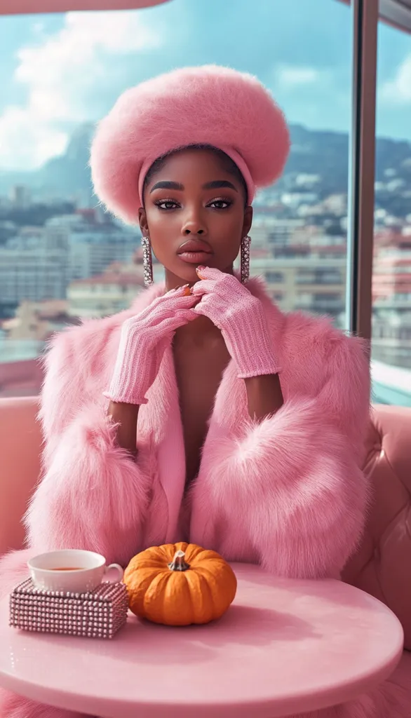 A woman with dark skin is wearing a pink fluffy hat, matching pink fur coat and gloves. She is sitting on a pink couch with a pumpkin and a teacup in front of her. She has large hoop earrings and her hands are delicately placed on her lap. The background is out of focus, but it appears to be a city skyline.  The overall image is chic and stylish.