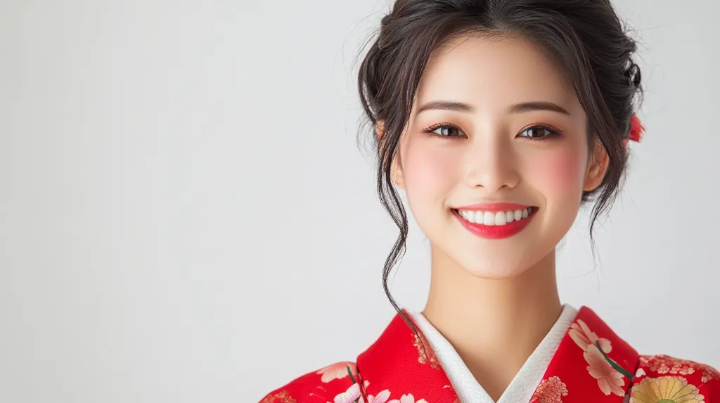 A young woman with long black hair and a bright smile is wearing a traditional Japanese red and white kimono. She is looking directly at the camera, with a soft, natural makeup look. The background is a simple white wall, making the woman the focal point of the image. Her expression is warm and welcoming, conveying a sense of joy and elegance.