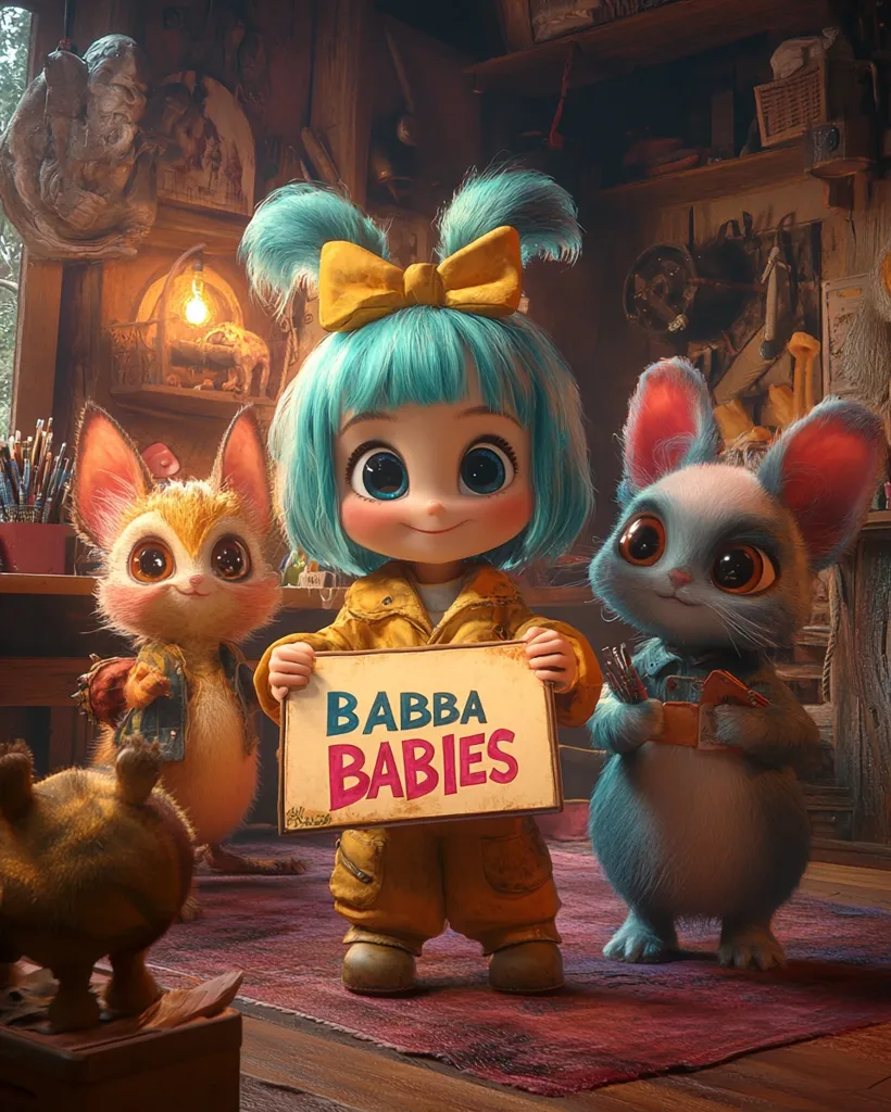 A cute, blue-haired doll wearing yellow overalls holds a sign that says "Babba Babies". She stands with two furry animal companions, one brown and one blue, on a wooden floor. The doll is smiling, and the animals look friendly. The background is a rustic workshop.