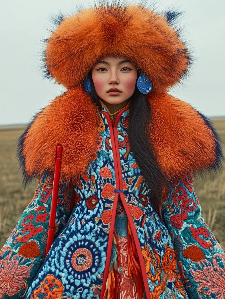 A woman with long black hair wears a bright, colorful coat with intricate embroidery, a large orange fur hat, and large blue and gold earrings. She has a serious expression and her hair frames her face.  Her outfit is traditional and striking. The background is a blurry, grassy field.  She stands in a field with a long red stick in her hand.