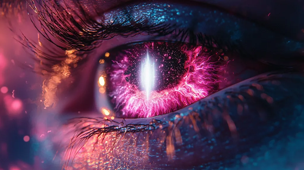 The image is a close-up of a human eye. The iris is filled with a vibrant pink and purple nebula with a bright white light shining from the center. The eyelashes are long and dark, and the surrounding skin is glowing with a soft, ethereal light. The overall effect is surreal and dreamlike, conveying a sense of mystery and wonder.